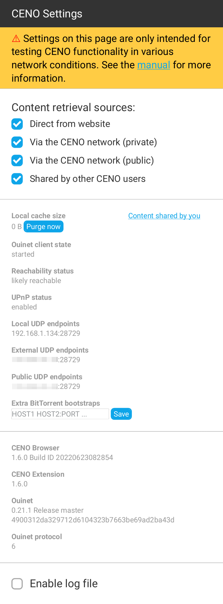 Figure: The Ceno Settings page